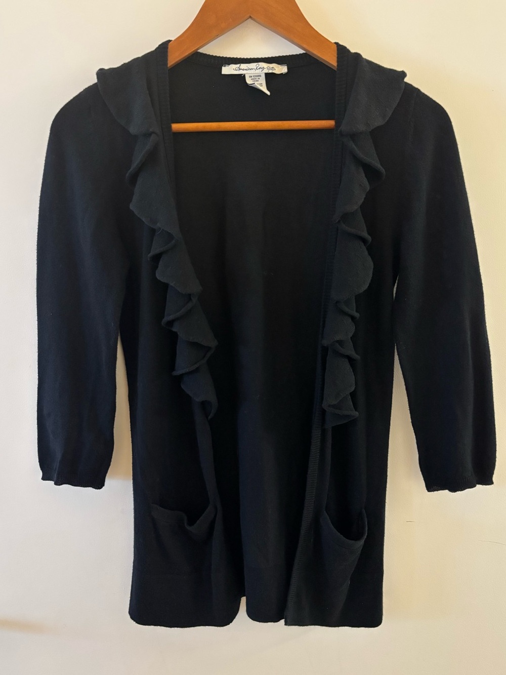 American Rag Cie Black Ruffle Front Open Cardigan XS